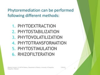 Phytoremediation can be performed
following different methods:
1. PHYTOEXTRACTION
2. PHYTOSTABILIZATION
3. PHYTOVOLATILIZATION
4. PHYTOTRANSFORMATION
5. PHYTOSTIMULATION
6. RHIZOFILTERATION
1/24/201
7
Mujahid Hussain (12) M.Phil Botany, Department of Botany, Unversity of Sargodha,
Sargodha, Pakistan
8
 