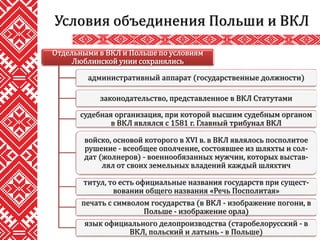Условия объединения Польши и ВКЛ
Отдельными в ВКЛ и Польше по условиям
Люблинской унии сохранялись
административный аппарат (государственные должности)
законодательство, представленное в ВКЛ Статутами
судебная организация, при которой высшим судебным органом
в ВКЛ являлся с 1581 г. Главный трибунал ВКЛ
войско, основой которого в XVI в. в ВКЛ являлось посполитое
рушение - всеобщее ополчение, состоявшее из шляхты и сол-
дат (жолнеров) - военнообязанных мужчин, которых выстав-
лял от своих земельных владений каждый шляхтич
титул, то есть официальные названия государств при сущест-
вовании общего названия «Речь Посполитая»
печать с символом государства (в ВКЛ - изображение погони, в
Польше - изображение орла)
язык официального делопроизводства (старобелорусский - в
ВКЛ, польский и латынь - в Польше)
 