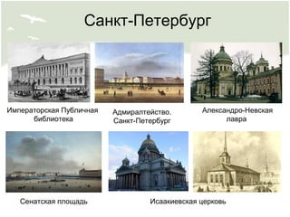 Адмиралтейство.
Санкт-Петербург
Сенатская площадь Исаакиевская церковь
Александро-Невская
лавра
Императорская Публичная
библиотека
Санкт-Петербург
 