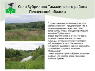 О происхождении названия существует
несколько версий - предполагают, что в
далекие времена в окрестных лесах
встречались зубры, отсюда и произошло
название "Зубриловка";
вторая версия связана с тем, что здесь
первыми основались мастеровые
умельцы, которые искусно оттачивали -
зубрили серпы и косы. Их называли
"зубарями", а деревня, где они проживали,
со временем получила название
"Зубриловка";
третья версия о происхождении названия -
считают, что некогда здесь проживал
помещик Зубрик.
Село Зубрилово Тамалинского района
Пензенской области
 