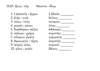 ΠΑΡ. ἥλιος : πῦρ θάλαττα : ὕδωρ
1. ὁ βασιλεύς : ἄρχων ἡ ἀδικία: ________
2. ἀνήρ : γυνή δοῦλος: ________
3. νόσος : λύπη ποταμός: ________
4. χωρεῖν : μένειν λύπη: ________
5. διαφθείρειν: σῴζειν διδάσκειν: ________
6. πρᾶγμα : χρῆμα σοφιστῆς: ________
7. πόλεμος: εἰρήνη γράμματα: ________
8. δημιουργός : τέχνη σοφιστής: ________
9. ἰατρός: νόσος στρατιά: ________
10. φίλος : φιλεῖν ἄδικος: ________
 
