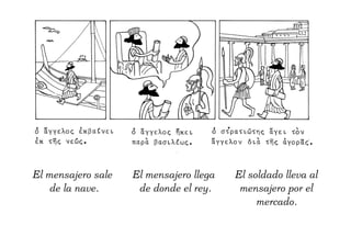El mensajero sale
de la nave.
El mensajero llega
de donde el rey.
El soldado lleva al
mensajero por el
mercado.
 