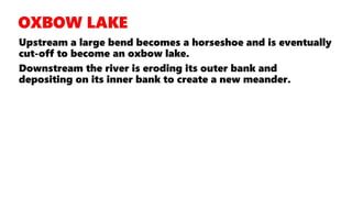 Upstream a large bend becomes a horseshoe and is eventually
cut-off to become an oxbow lake.
Downstream the river is eroding its outer bank and
depositing on its inner bank to create a new meander.
 