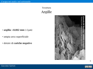 L’acqua nei suoli e nel sottosuolo
Giacomo Sartori
6
• argilla: <0.002 mm (<2μm)
• ampia area superficiale
• dotate di cariche negative
Tessitura 
Argille
 