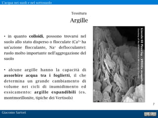 L’acqua nei suoli e nel sottosuolo
Giacomo Sartori
7
• in quanto colloidi, possono trovarsi nel
suolo allo stato disperso o flocculate (Ca2+ ha
un’azione flocculante, Na+ deflocculante):
ruolo molto importante nell’aggregazione del
suolo
• alcune argille hanno la capacità di
assorbire acqua tra i foglietti, il che
determina un grande cambiamento di
volume nei cicli di inumidimento ed
essicamento: argille espandibili (es.
montmorillonite, tipiche dei Vertisols)
Tessitura 
Argille
 