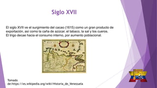 Siglo XVII
El siglo XVII ve el surgimiento del cacao (1615) como un gran producto de
exportación, así como la caña de azúcar, el tabaco, la sal y los cueros.
El trigo decae hacia el consumo interno, por aumento poblacional.
Tomado
de:https://es.wikipedia.org/wiki/Historia_de_Venezuela
 