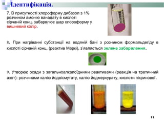 7. В присутності хлороформу дибазол з 1%
розчином амонію ванадату в кислоті
сірчаній конц. забарвлює шар хлороформу у
вишневий колір.
8. При нагріванні субстанції на водяній бані з розчином формальдегіду в
кислоті сірчаній конц. (реактив Маркі), з’являється зелене забарвлення.
9. Утворює осади з загальноалкалоїдними реактивами (реакція на третинний
азот): розчинами калію йодвісмутату, калію йодмеркурату, кислоти пікринової.
11
Ідентифікація.
 