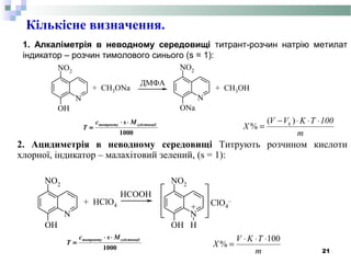 N
OH
NO2
N
ONa
NO2
+ CH3ONa + CH3OH
ДМФА
m
100TKVV
X k ⋅⋅⋅−
=
)(
%
1. Алкаліметрія в неводному середовищі титрант-розчин натрію метилат
індикатор – розчин тимолового синього (s = 1):
21
Кількісне визначення.
N
OH
NO2
N
OH
NO2
H
+ HClO4
HCOOH
+ ClO4
–
m
TKV
X
100
%
⋅⋅⋅
=
2. Ацидиметрія в неводному середовищі Титрують розчином кислоти
хлорної, індикатор – малахітовий зелений, (s = 1):
1000
субстанціїтитранту Msc
T
⋅⋅
=
1000
субстанціїтитранту Msc
T
⋅⋅
=
 