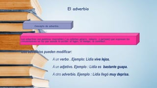 Concepto de adverbio.
Los adverbios son palabras invariables ( no admiten género, número, o persona) que expresan las
circunstancias en las que sucede la acción: el lugar, el tiempo, la cantidad….
Los adverbios pueden modificar:
A un verbo . Ejemplo: Lidia vive lejos.
A un adjetivo. Ejemplo : Lidia es bastante guapa.
A otro adverbio. Ejemplo : Lidia llegó muy deprisa.
El adverbio
 