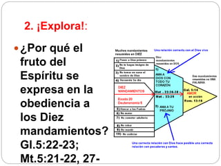 2. ¡Explora!:
¿Por qué el
fruto del
Espíritu se
expresa en la
obediencia a
los Diez
mandamientos?
Gl.5:22-23;
Mt.5:21-22, 27-
 