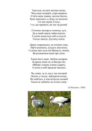Здається, на світі миліше немає,
Чим наше подвір'я, стара яворина
Стоїть вона здавна, листом багата,
Бува зашумить, а, бува, не шелесне.
І от він шукає її хату,
І те, що прожито, як сон чудесний.
Спочине звечора в темному лузі,
Де в синій заводі чайка кигиче,
А потім купається собі в галуззі,
Гніздо лаштує, буслиху кличе.
Давно спарувались, як птицям гоже,
Пір'я назносять, кладуть між віток,
І хлопці вже чули (чи брешуть, може),
Як розмовляли вони про діток.
Таким його знаю. Люблю недаром
За крила міцні чи за бистре око.
(Вбиває гадюку одним ударом,
А потім в небі кружляє високо).
Чи, може, за те, що у час негожий
Летить у гніздо, забуваючи втому.
Не смійтесь, я теж на бусла схожий
Такою ж любов'ю до отчого дому.
(А.Малишко, 1940)
 