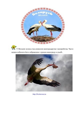 У Молдові лелека став символом виноградарства і виноробства. Часто
можна побачити його зображеним з гроном винограду в дзьобі.
http://liveinternet.ru
 