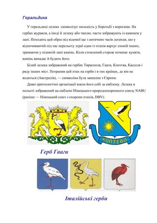 Геральдика
У геральдиці лелека символізує пильність у боротьбі з ворогами. На
гербах журавля, а іноді й лелеку або чаплю, часто зображують із каменем у
лапі. Походить цей образ від відомої ще з античних часів легенди, що у
відпочиваючій під час перельоту зграї один із птахів вартує спокій інших,
тримаючи у піднятій лапі камінь. Коли стомлений сторож починає куняти,
камінь випадає й будить його.
Білий лелека зображений на гербах Тирасполя, Гааги, Коптєва, Касселя і
ряду інших міст. Потрапив цей птах на герби і в тих країнах, де він не
водиться (Австралія), — символіка була занесена з Європи.
Деякі орнітологічні організації взяли його собі за емблему. Лелека в
польоті зображений на емблемі Німецького природоохоронного союзу NABU
(раніше — Німецький союз з охорони птахів, DBV).
Герб Гааги
Італійські герби
 