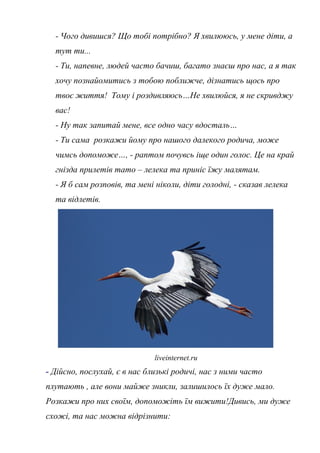 - Чого дивишся? Що тобі потрібно? Я хвилююсь, у мене діти, а
тут ти...
- Ти, напевне, людей часто бачиш, багато знаєш про нас, а я так
хочу познайомитись з тобою поближче, дізнатись щось про
твоє життя! Тому і роздивляюсь…Не хвилюйся, я не скривджу
вас!
- Ну так запитай мене, все одно часу вдосталь…
- Ти сама розкажи йому про нашого далекого родича, може
чимсь допоможе…, - раптом почувсь іще один голос. Це на край
гнізда прилетів тато – лелека та приніс їжу малятам.
- Я б сам розповів, та мені ніколи, діти голодні, - сказав лелека
та відлетів.
liveinternet.ru
- Дійсно, послухай, є в нас близькі родичі, нас з ними часто
плутають , але вони майже зникли, залишилось їх дуже мало.
Розкажи про них своїм, допоможіть їм вижити!Дивись, ми дуже
схожі, та нас можна відрізнити:
 