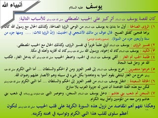 1111
‫يوسف‬‫السالم‬ ‫عليه‬
‫كان‬‫لقصة‬‫يوسف‬‫عليه‬‫السالم‬‫أثر‬‫كبري‬‫على‬‫احلبيب‬‫املصطفى‬‫صلى‬‫هللا‬‫عليه‬‫وسلم‬‫ل‬‫ألسباب‬‫التالية‬:
(‫الرؤى‬ 1‫الصاحلة‬:‫أول‬‫ما‬‫بدئ‬‫به‬‫يوسف‬‫عليه‬‫السالم‬‫من‬‫الوحي‬‫الرؤاي‬،‫الصاحلة‬‫كذلك‬‫و‬‫احلال‬‫مع‬‫رس‬‫ول‬‫هللا‬‫كان‬
‫اها‬‫ر‬‫ي‬‫فتجيئ‬‫كفلق‬‫الصبح‬.‫قال‬‫عوف‬‫بن‬‫مالك‬‫األشجعي‬‫يف‬‫احلديث‬:(َّ‫إن‬‫الرؤاي‬‫ثالث‬:....‫ومنها‬‫جزء‬‫من‬
‫ستة‬‫وأربعني‬‫جزء‬‫من‬‫النبوة‬).(‫صحيح‬‫واحملدث‬‫الوادعي‬).
2)‫تفسري‬‫الرؤى‬:‫يوسف‬‫عليه‬‫السالم‬‫أوت‬‫علما‬‫ا‬‫ر‬‫ي‬‫ز‬‫غ‬‫يف‬‫تفسري‬،‫الرؤى‬‫كذلك‬‫و‬‫احلال‬‫مع‬‫احل‬‫بيب‬‫املصطفى‬.
3)‫الكيد‬:‫يوسف‬‫عليه‬‫السالم‬‫كاد‬‫له‬،‫إخوته‬‫ورسول‬‫هللا‬‫صلى‬‫هللا‬‫عليه‬‫وسلم‬‫كاد‬‫له‬‫به‬‫ر‬‫أقا‬‫وأهله‬‫يف‬‫م‬‫كة‬.
4)‫ظلمة‬‫اجلب‬‫أم‬‫الغار‬:‫ألقي‬‫يوسف‬‫عليه‬‫السالم‬‫يف‬،‫اجلب‬‫واضطر‬‫احلبيب‬‫صلى‬‫هللا‬‫عليه‬‫وسلم‬‫أن‬‫يدخ‬‫ل‬،‫الغار‬‫فكتب‬
‫هللا‬‫عز‬‫وجل‬‫هلما‬‫النجاة‬.
5)‫خرجوا‬‫منتصرين‬:‫خرج‬‫يوسف‬‫عليه‬‫السالم‬‫إىل‬‫قصر‬‫يز‬‫ز‬‫الع‬‫ومن‬‫مث‬‫احلكم‬‫والسلطان‬...‫أما‬‫النيب‬‫الكرمي‬‫صلى‬‫هللا‬‫عليه‬
‫وسلم‬‫خرج‬‫من‬‫الغار‬‫ليلتقي‬‫بقوم‬‫آمنوا‬‫به‬‫وجاهدوا‬‫بكل‬‫شيء‬‫يف‬‫سبيله‬‫وهم‬‫األنصار‬‫عليه‬‫م‬‫رضوان‬‫هللا‬.
6)‫اخلاَتة‬‫السعيدة‬:‫انتقل‬‫يوسف‬‫عليه‬‫السالم‬‫من‬‫قصر‬‫يز‬‫ز‬‫الع‬‫إىل‬‫احلكم‬‫السلطان‬‫و‬...‫أما‬‫النيب‬‫ا‬‫لكرمي‬‫صلى‬‫هللا‬‫عليه‬‫وسلم‬
‫َتكن‬‫مع‬‫هذه‬‫الفِة‬‫اجملاهدة‬‫أن‬‫تدين‬‫له‬‫جزيرة‬‫العرب‬‫بال‬‫منازع‬.
7)‫السجن‬‫أم‬‫شعب‬‫بين‬‫هاشم‬:‫دخل‬‫يوسف‬‫عليه‬‫السالم‬،‫السجن‬‫وحوصر‬‫النيب‬‫عليه‬‫صلوات‬‫ريب‬‫وسالمه‬‫يف‬‫شعب‬‫بين‬
‫هاشم‬‫ومن‬‫معه‬‫من‬‫املؤمنني‬‫وأهل‬‫بيته‬‫ام‬‫ر‬‫الك‬.
‫هللا‬ ‫أنبياء‬
‫احلبيب‬ ‫قلب‬ ‫على‬ ‫مية‬‫ر‬‫الك‬ ‫السورة‬ ‫هذه‬ ‫نزول‬ ‫من‬ ‫املقاصد‬ ‫أهم‬ ‫نفهم‬ ‫وهكذا‬‫هللا‬ ‫صلى‬‫وسلم‬ ‫عليه‬‫لتكون‬
‫بته‬‫ر‬‫ك‬‫و‬ ‫ُمنته‬ ‫يف‬ ‫وتواسيه‬ ‫الكرمي‬ ‫النيب‬ ‫هذا‬ ‫لقلب‬ ‫سلوى‬ ‫أعظم‬.
 