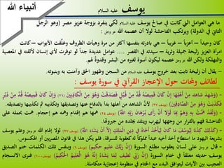 6
‫يوسف‬‫السالم‬ ‫عليه‬
‫ما‬‫هي‬‫العوامل‬‫اليت‬‫كانت‬‫يف‬‫صاحل‬‫يوسف‬‫عليه‬‫السالم‬‫لكي‬‫ينفرد‬‫بزوجة‬‫يز‬‫ز‬‫ع‬‫مصر‬(‫وهو‬‫الرج‬‫ل‬
‫الثاين‬‫يف‬‫الدولة‬)‫تكب‬‫ر‬‫وي‬‫الفاحشة‬‫لوال‬‫أن‬‫عصمه‬‫هللا‬‫عز‬‫وجل‬:
‫كان‬‫وحيدا‬–‫أعزاب‬–‫يبا‬‫ر‬‫غ‬–‫هي‬‫ابدرته‬‫بنفسها‬‫أكثر‬‫من‬‫مرة‬‫وهيأت‬‫الظروف‬‫قت‬َّ‫ل‬‫وغ‬‫األ‬‫بواب‬–‫كانت‬
‫أة‬‫ر‬‫ام‬‫العزيز‬‫ليخة‬‫ز‬‫مجيلة‬‫ية‬‫ر‬‫وث‬–‫سيدته‬‫يف‬‫القصر‬....‫عوامل‬‫عديدة‬‫جدا‬‫لو‬‫توفرت‬‫ألي‬‫إنسان‬‫أللقته‬‫يف‬‫املعصية‬
‫والتهلكة‬‫ولكن‬‫هللا‬‫عز‬‫وجل‬‫عصمه‬‫ليكون‬‫أسوة‬‫لغريه‬‫من‬‫البشر‬‫وقدوة‬‫هلم‬.
-‫يقال‬‫أن‬‫ليخة‬‫ز‬‫اتبت‬‫بعد‬‫خروج‬‫يوسف‬‫عليه‬‫السالم‬‫من‬‫السجن‬‫وظهور‬‫احلق‬‫وآمنت‬‫به‬‫وبنبوته‬.
‫لطائف‬‫حملات‬‫و‬‫حول‬‫اإلعجاز‬‫القرآين‬‫يف‬‫سورة‬‫يوسف‬:
-(َ‫د‬ِّ‫ه‬َ‫ش‬َ‫و‬‫شاهد‬ْ‫ن‬ِّ‫م‬‫ا‬َ‫ه‬ِّ‫ل‬ْ‫َه‬‫أ‬ْ‫ن‬ِّ‫إ‬َ‫ن‬‫ا‬َ‫ك‬‫ه‬‫يص‬ِّ‫م‬َ‫ق‬َّ‫د‬‫ق‬ْ‫ن‬ِّ‫م‬‫ل‬‫ب‬‫ق‬ْ‫ت‬َ‫ق‬َ‫د‬َ‫ص‬َ‫ف‬َ‫و‬‫ه‬َ‫و‬ْ‫ن‬ِّ‫م‬َ‫ني‬ِّ‫ب‬ِّ‫اذ‬َ‫ك‬ْ‫ل‬‫ا‬(26)ْ‫ن‬ِّ‫إ‬َ‫و‬َ‫ن‬‫ا‬َ‫ك‬‫ه‬‫يص‬ِّ‫م‬َ‫ق‬َّ‫د‬‫ق‬ْ‫ن‬ِّ‫م‬‫ب‬‫د‬‫ر‬
ْ‫ت‬َ‫ب‬َ‫ذ‬َ‫ك‬َ‫ف‬َ‫و‬‫ه‬َ‫و‬ْ‫ن‬ِّ‫م‬َ‫ني‬ِّ‫ق‬ِّ‫اد‬َّ‫الص‬)(‫يوسف‬27)َّ‫ألن‬‫الشاهد‬‫من‬‫أهلها‬‫بدأ‬‫ابلدفاع‬‫عنها‬‫وتصديقها‬‫وتكذيبه‬‫مث‬‫تك‬‫ذيبها‬‫وتصديقه‬.
-(ْ‫د‬َ‫ق‬َ‫ل‬َ‫و‬ْ‫َّت‬َ‫َه‬ِّ‫ه‬ِّ‫ب‬َّ‫م‬َ‫ه‬َ‫و‬‫ا‬َ
ِّ‫ِب‬‫ال‬ْ‫و‬َ‫ل‬ْ‫ن‬َ‫أ‬‫َى‬‫أ‬َ‫ر‬َ‫ن‬‫ا‬َ‫ه‬ْ‫ر‬‫ب‬ِّ‫ه‬ِّ‫ب‬َ‫ر‬َّ‫اّلل‬)(‫يوسف‬24)‫َهها‬‫هم‬‫إقدام‬‫وَهه‬‫هم‬‫إحجام‬.‫َهت‬‫حبمله‬‫على‬
‫الفاحشة‬‫فهم‬‫ار‬‫ر‬‫ابلف‬‫من‬‫وجهها‬‫ليهرب‬‫وينفد‬‫جبلده‬‫من‬‫جربوهتا‬.
-(َ‫ك‬ِّ‫ل‬َ‫ذ‬َ‫ك‬َ‫ان‬ْ‫د‬ِّ‫ك‬َ‫ف‬‫وس‬‫ي‬ِّ‫ل‬‫ا‬َ‫م‬َ‫ن‬‫ا‬َ‫ك‬َ‫ذ‬‫ْخ‬‫أ‬َ‫ي‬ِّ‫ل‬‫اه‬َ‫َخ‬‫أ‬ِّ‫يف‬ِّ‫ين‬ِّ‫د‬ِّ‫ك‬ِّ‫ل‬َ‫ْم‬‫ل‬‫ا‬َّ‫ال‬ِّ‫إ‬َ‫أ‬ْ‫ن‬َ‫اء‬َ‫ش‬َ‫ي‬َّ‫اّلل‬)(‫يوسف‬27)‫لوال‬‫إهلام‬‫هللا‬‫عز‬‫وجل‬‫وعلم‬‫يوسف‬
‫يعة‬‫ر‬‫بش‬‫اليهود‬‫ما‬‫استطاع‬‫أخذ‬‫أخيه‬‫عبدا‬‫كا‬‫مملو‬‫له‬‫كعقوبة‬،‫للسرقة‬‫فلم‬‫يكن‬‫هذا‬‫يف‬‫قانون‬‫امل‬‫يني‬‫ر‬‫ص‬‫أو‬‫اهلكسوس‬.
-‫قال‬‫عز‬‫وجل‬‫على‬‫لسان‬‫يعقوب‬‫مطلع‬‫السورة‬(َّ‫ن‬ِّ‫إ‬َ‫ك‬َّ‫ب‬َ‫ر‬‫عليم‬‫حكيم‬)(‫يوسف‬6)‫وبنفس‬‫تلك‬‫الكلمات‬‫ختم‬‫الصديق‬
‫يوسف‬‫حديثه‬‫معلقا‬‫يف‬‫ختام‬‫السورة‬(َّ‫ن‬ِّ‫إ‬ِّ‫يب‬َ‫ر‬‫لطيف‬‫ا‬َ‫م‬ِّ‫ل‬‫اء‬َ‫ش‬َ‫ي‬‫ه‬َّ‫ن‬ِّ‫إ‬َ‫و‬‫ه‬ْ‫ل‬‫ا‬‫يم‬ِّ‫ل‬َ‫ع‬‫يم‬ِّ‫ك‬َْ‫حل‬‫ا‬)(‫يوسف‬100)‫فنرى‬‫االنسجام‬
‫العجيب‬‫بني‬‫اآلايت‬‫ليتوافق‬‫البدء‬‫مع‬‫اخلتام‬‫يف‬‫منظومة‬‫إعجازية‬‫متكاملة‬.
‫هللا‬ ‫أنبياء‬
 