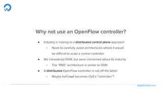 digitalocean.com
Why not use an OpenFlow controller?
● Industry is moving to a distributed control plane approach
○ Need to carefully avoid architectures where it would
be difficult to scale a central controller
● We considered OVN, but were concerned about its maturity
○ The “RNS” architecture is similar to OVN
● A distributed OpenFlow controller is not off the table!
○ Maybe hvflowd becomes OvS’s “controller”?
 