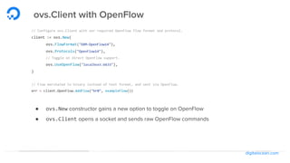 digitalocean.com
ovs.Client with OpenFlow
// Configure ovs.Client with our required OpenFlow flow format and protocol.
client := ovs.New(
ovs.FlowFormat("OXM-OpenFlow14"),
ovs.Protocols("OpenFlow14"),
// Toggle on direct OpenFlow support.
ovs.UseOpenFlow("localhost:6633"),
)
// Flow marshaled to binary instead of text format, and sent via OpenFlow.
err = client.OpenFlow.AddFlow("br0", exampleFlow())
● ovs.New constructor gains a new option to toggle on OpenFlow
● ovs.Client opens a socket and sends raw OpenFlow commands
 