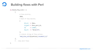 digitalocean.com
Building flows with Perl
my $ipv4_flow_rules = [
[
# Flow priority.
2020,
# Hash of flow matches.
{
dl_src => $mac,
in_port => $ovs_port_id,
ip => undef,
nw_src => "${ip}/32",
},
# Literal string of flow actions.
"mod_vlan_vid:${ipv4vlan},resubmit(,1)"
],
# … many more flows
]
 