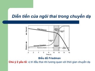 Diễn tiến của ngôi thai trong chuyển dạ
Biểu đồ Friedman
Chú ý 2 yếu tố: vị trí đầu thai nhi tương quan với thời gian chuyển dạ
 