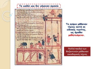Τα παιδιά που δεν πήγαιναν σχολείο
Τα αγόρια μάθαιναν
τέχνες κοντά σε
ειδικούς τεχνίτες,
ως άμισθοι
μαθητευόμενοι.
Πολλά παιδιά των
Βυζαντινών μάθαιναν
οικοδομικές τέχνες
 