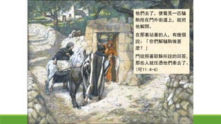 他們去了，便看見一匹驢
駒拴在門外街道上，就把
他解開。
在那裏站著的人，有幾個
說：「你們解驢駒做甚
麼？」
門徒照著耶穌所說的回答，
那些人就任憑他們牽去了。
(可11:4-6)
 