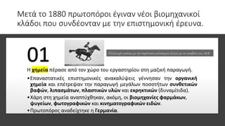 Μετά το 1880 πρωτοπόροι έγιναν νέοι βιομηχανικοί
κλάδοι που συνδέονταν με την επιστημονική έρευνα.
Η χημεία πέρασε από τον χώρο του εργαστηρίου στη μαζική παραγωγή.
•Επαναστατικές επιστημονικές ανακαλύψεις γέννησαν την οργανική
χημεία και επέτρεψαν την παραγωγή μεγάλων ποσοτήτων συνθετικών
βαφών, λιπασμάτων, πλαστικών υλών και εκρηκτικών (δυναμίτιδα).
•Χάρη στη χημεία αναπτύχθηκαν, ακόμη, οι βιομηχανίες φαρμάκων,
ψυγείων, φωτογραφικών και κινηματογραφικών ειδών.
•Πρωτοπόρος αναδείχτηκε η Γερμανία.
01 Αλληλουχία εικόνων με την παράσταση καλπασμού αλόγου με τον αναβάτη του, 1878
 