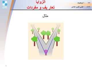 ‫مثال‬
‫الزوايا‬
‫يف‬ ‫تعار‬‫و‬‫مفردات‬
3
‫المادة‬:‫الرياضيات‬
‫المستوى‬:‫إعدادي‬ ‫ثانوي‬ ‫األولى‬
 