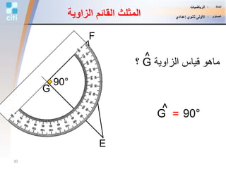 G
F
E
G^ 90°=
90°
‫الزاوية‬ ‫قياس‬ ‫ماهو‬G‫؟‬
^
‫الزاو‬ ‫القائم‬ ‫المثلث‬‫ية‬
30
‫المادة‬:‫الرياضيات‬
‫المستوى‬:‫إعدادي‬ ‫ثانوي‬ ‫األولى‬
 