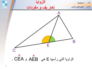 A
B
C
E
‫و‬CEA.
^
‫رأسها‬ ‫التي‬ ‫الزاويا‬E‫هي‬AEB
^
‫الزوايا‬
‫يف‬ ‫تعار‬‫و‬‫مفردات‬
9
‫المادة‬:‫الرياضيات‬
‫المستوى‬:‫إعدادي‬ ‫ثانوي‬ ‫األولى‬
 