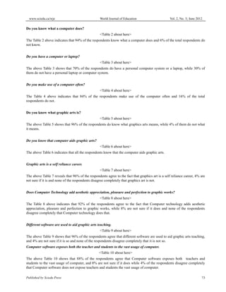 www.sciedu.ca/wje World Journal of Education Vol. 2, No. 3; June 2012
Published by Sciedu Press 73
Do you know what a computer does?
<Table 2 about here>
The Table 2 above indicates that 94% of the respondents know what a computer does and 6% of the total respondents do
not know.
Do you have a computer or laptop?
<Table 3 about here>
The above Table 3 shows that 70% of the respondents do have a personal computer system or a laptop, while 30% of
them do not have a personal laptop or computer system.
Do you make use of a computer often?
<Table 4 about here>
The Table 4 above indicates that 84% of the respondents make use of the computer often and 16% of the total
respondents do not.
Do you know what graphic arts is?
<Table 5 about here>
The above Table 5 shows that 96% of the respondents do know what graphics arts means, while 4% of them do not what
it means.
Do you know that computer aids graphic arts?
<Table 6 about here>
The above Table 6 indicates that all the respondents know that the computer aids graphic arts.
Graphic arts is a self reliance career.
<Table 7 about here>
The above Table 7 reveals that 96% of the respondents agree to the fact that graphics art is a self reliance career, 4% are
not sure if it is and none of the respondents disagree completely that graphics art is not.
Does Computer Technology add aesthetic appreciation, pleasure and perfection to graphic works?
<Table 8 about here>
The Table 8 above indicates that 92% of the respondents agree to the fact that Computer technology adds aesthetic
appreciation, pleasure and perfection to graphic works, while 8% are not sure if it does and none of the respondents
disagree completely that Computer technology does that.
Different software are used to aid graphic arts teaching.
<Table 9 about here>
The above Table 9 shows that 96% of the respondents agree that different software are used to aid graphic arts teaching,
and 4% are not sure if it is so and none of the respondents disagree completely that it is not so.
Computer software exposes both the teacher and students to the vast usage of computer.
<Table 10 about here>
The above Table 10 shows that 88% of the respondents agree that Computer software exposes both teachers and
students to the vast usage of computer, and 8% are not sure if it does while 4% of the respondents disagree completely
that Computer software does not expose teachers and students the vast usage of computer.
 
