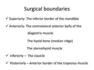 Surgical boundaries
 Superiorly- The inferior border of the mandible
 Anteriorly- The contralateral anterior belly of the
The hyoid bone (median ridge)
The sternohyoid muscle
 Inferiorly – The clavicle
 Posteriorly – Anterior border of the trapezius muscle
diagestric muscle
 