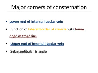 • Lower end of internal jugular vein
• Junction of lateral border of clavicle with lower
edge of trapezius
• Upper end of internal jugular vein
• Submandibular triangle
Major corners of consternation
 