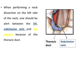 • When performing a neck
dissection on the left side
of the neck, one should be
alert between the IJV,
subclavian vein and the
clavicle because of the
thoracic duct.
Thoracic
duct
Subclavian
vein
 