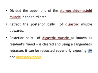 • Divided the upper end of the sternocleidomastoid
muscle in the third area.
• Retract the posterior belly of digastric muscle
upwards.
• Posterior belly of digastric muscle as known as
resident’s friend – is cleared and using a Langenback
retractor, it can be retracted superiorly exposing IJV
and accessory nerve.
 