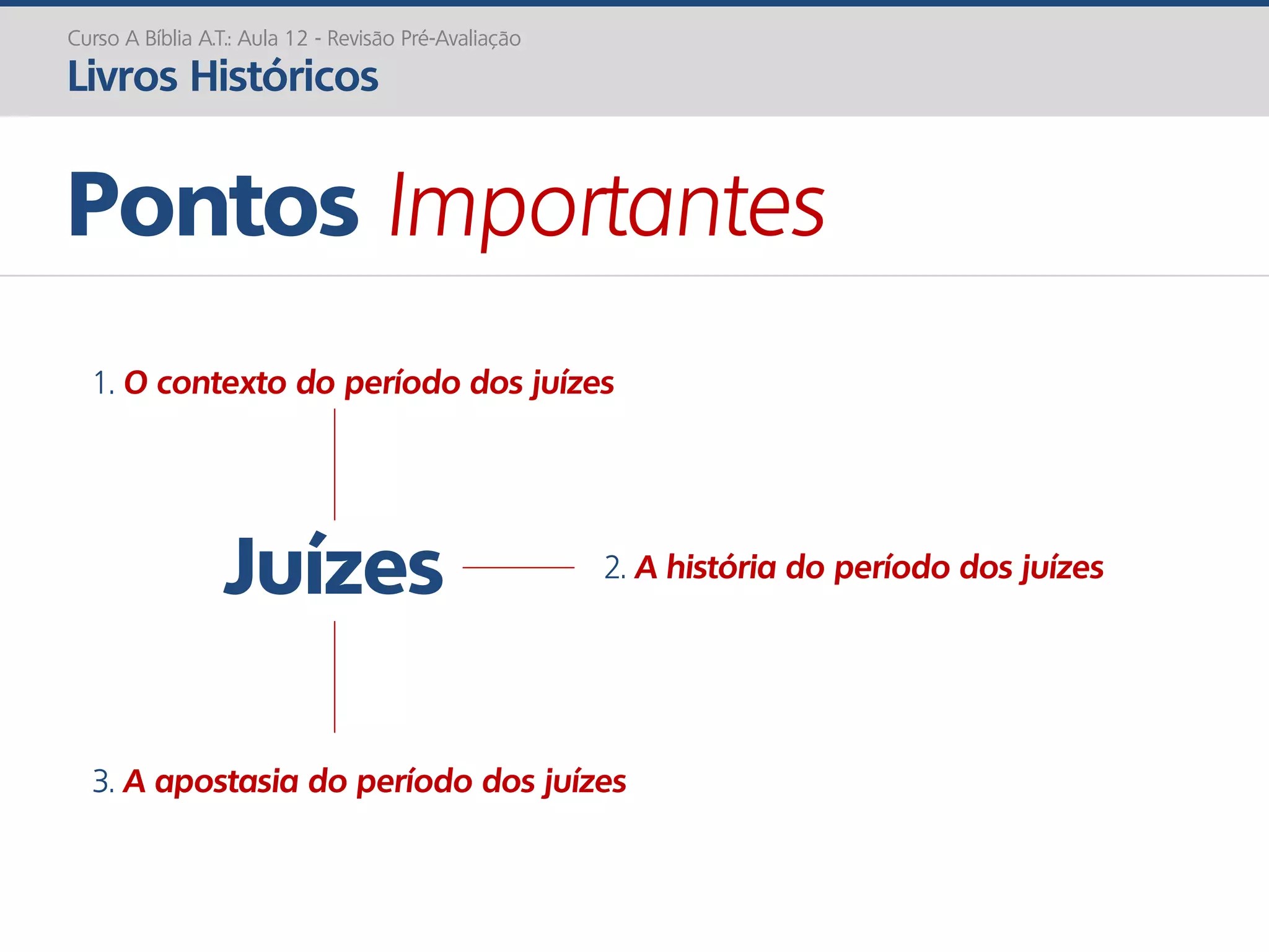 Juízes
Pontos Importantes
Curso A Bíblia A.T.: Aula 12 - Revisão Pré-Avaliação
Livros Históricos
1. O contexto do período dos juízes
2. A história do período dos juízes
3. A apostasia do período dos juízes
 