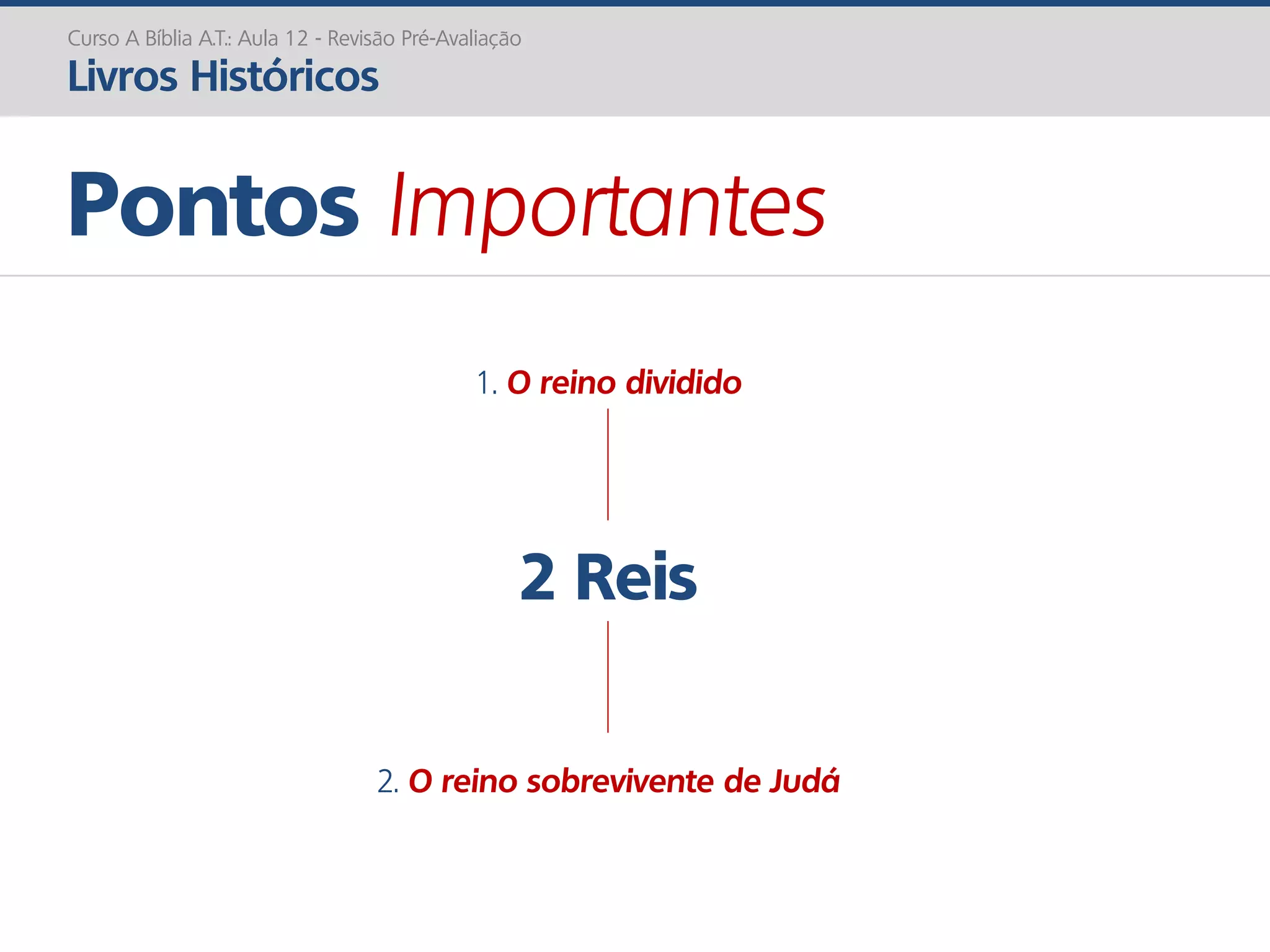 2 Reis
Pontos Importantes
Curso A Bíblia A.T.: Aula 12 - Revisão Pré-Avaliação
Livros Históricos
1. O reino dividido
2. O reino sobrevivente de Judá
 