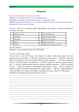 13
Урок №3
Витрати
Виконуючи завдання цього уроку, ви будете:
Знати: що таке витрати сім’ї, їх види і характеристику.
Розуміти: необхідність прогнозування витрат та управління ними.
Уміти: прогнозувати витрати сім’ї та робити відповідні висновки щодо зміни їх величини з
урахуванням впливу різних факторів.
Завдання 1.На що ти витратиш гроші? Пронумеруй свої витрати в порядку зменшення їх
значущості для тебе.
Що ще? Допиши __________________________________
Порівняй з тим, що написали інші учні. Обговоріть.
Завдання 2. Розв’яжіть задачу.
Умова. Сім’я з двох осіб планує свої витрати на місяць. При цьому відомі такі дані:
щомісячний дохід чоловіка – 13 000 грн, щомісячний дохід дружини – 6 000 грн. Упродовж
місяця прогнозуються такі обов’язкові витрати: оренда квартири – 3 500 грн; комунальні
платежі – 300 грн; витрати на харчування – 1 400 грн; витрати на бензин та обслуговування
авто – 1 500 грн; нагромадження власного внеску на купівлю квартири – 5 000 грн; витрати
на одяг – 2 000 грн; витрати на відвідування косметичного салону – 500 грн; витрати на
особисті потреби кожному (відвідування кіно, кафе, театрів) – 1 000 грн. У кінці місяця сім’я
планує придбати стіл і кілька нових крісел у квартиру загальною вартістю 2 500 гривень.
Потрібно визначити фінансову реальність цієї цілі.
________________________________________________________________________________
________________________________________________________________________________
________________________________________________________________________________
________________________________________________________________________________
________________________________________________________________________________
________________________________________________________________________________
________________________________________________________________________________
________________________________________________________________________________
________________________________________________________________________________
________________________________________________________________________________
________________________________________________________________________________
________________________________________________________________________________
 