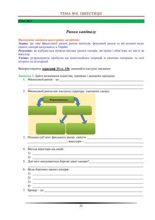 31
ТЕМА №8. ІНВЕСТИЦІЇ
Урок №13
Ринки капіталу
Виконуючи завдання цього уроку, ви будете:
Знати: що таке фінансовий ринок, ринок капіталів, фондовий ринок та які основні види
цінних паперів випускають в Україні.
Розуміти: як відбувається купівля-продаж цінних паперів, які права і обов’язки ви маєте як
інвестор.
Уміти: розраховувати прибуток від інвестиційних операцій із цінними паперами та свої
витрати на ці операції.
Використовуючи параграф 15 ст. 156, виконайте наступні завдання:
Завдання 1. Дайте визначення поняттям, термінам і заповніть пропуски.
1. Фінансовий ринок – це ______________________________________________________
__________________________________________________________________________
__________________________________________________________________________
2. Фінансовий ринок має наступну структуру (заповніть схему):
3. Основні суб’єкти фондового ринку: емітети ___________________________________
_________________________; інвестори - ______________________________________
__________________________________________________________________________
4. Вигода інвестора від акцій:
1) _______________________________________________________________________
2) _______________________________________________________________________
5. Для чого випускаються боргові цінні папери?___________________________________
__________________________________________________________________________
6. Види боргових цінних паперів:
1) _______________________________________________________________________
2) _______________________________________________________________________
3) _______________________________________________________________________
4) _______________________________________________________________________
7. Брокер – це _______________________________________________________________
__________________________________________________________________________
 