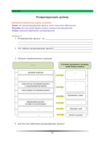 52
Урок №22
Реструктуризація кредиту
Виконуючи завдання цього уроку, ви будете:
Знати: що таке реструктуризація кредиту, коли і чому вона здійснюється.
Розуміти: які саме умови кредиту можуть підлягати реструктуризації.
Уміти: оцінювати ефективність реструктуризації.
Завдання 1.
1. Реструктуризація кредиту – це _______________________________________________
__________________________________________________________________________
__________________________________________________________________________
__________________________________________________________________________
2. Хто здійснює реструктуризацію кредиту? ______________________________________
__________________________________________________________________________
3. Заповніть порожні клітинки на рисунку:
4. Для чого нам здійснювати реструктуризацію кредиту?
 