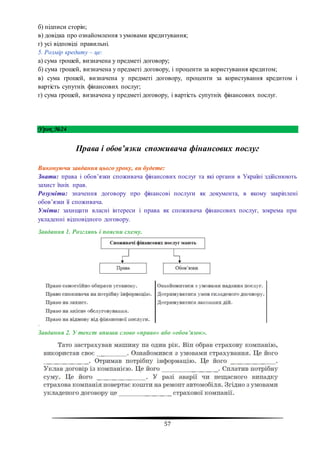 57
б) підписи сторін;
в) довідка про ознайомлення з умовами кредитування;
г) усі відповіді правильні.
5. Розмір кредиту – це:
а) сума грошей, визначена у предметі договору;
б) сума грошей, визначена у предметі договору, і проценти за користування кредитом;
в) сума грошей, визначена у предметі договору, проценти за користування кредитом і
вартість супутніх фінансових послуг;
г) сума грошей, визначена у предметі договору, і вартість супутніх фінансових послуг.
Урок №24
Права і обов’язки споживача фінансових послуг
Виконуючи завдання цього уроку, ви будете:
Знати: права і обов’язки споживача фінансових послуг та які органи в Україні здійснюють
захист їхніх прав.
Розуміти: значення договору про фінансові послуги як документа, в якому закріплені
обов’язки її споживача.
Уміти: захищати власні інтереси і права як споживача фінансових послуг, зокрема при
укладенні відповідного договору.
Завдання 1. Розглянь і поясни схему.
.
Завдання 2. У текст впиши слово «право» або «обов’язок».
 