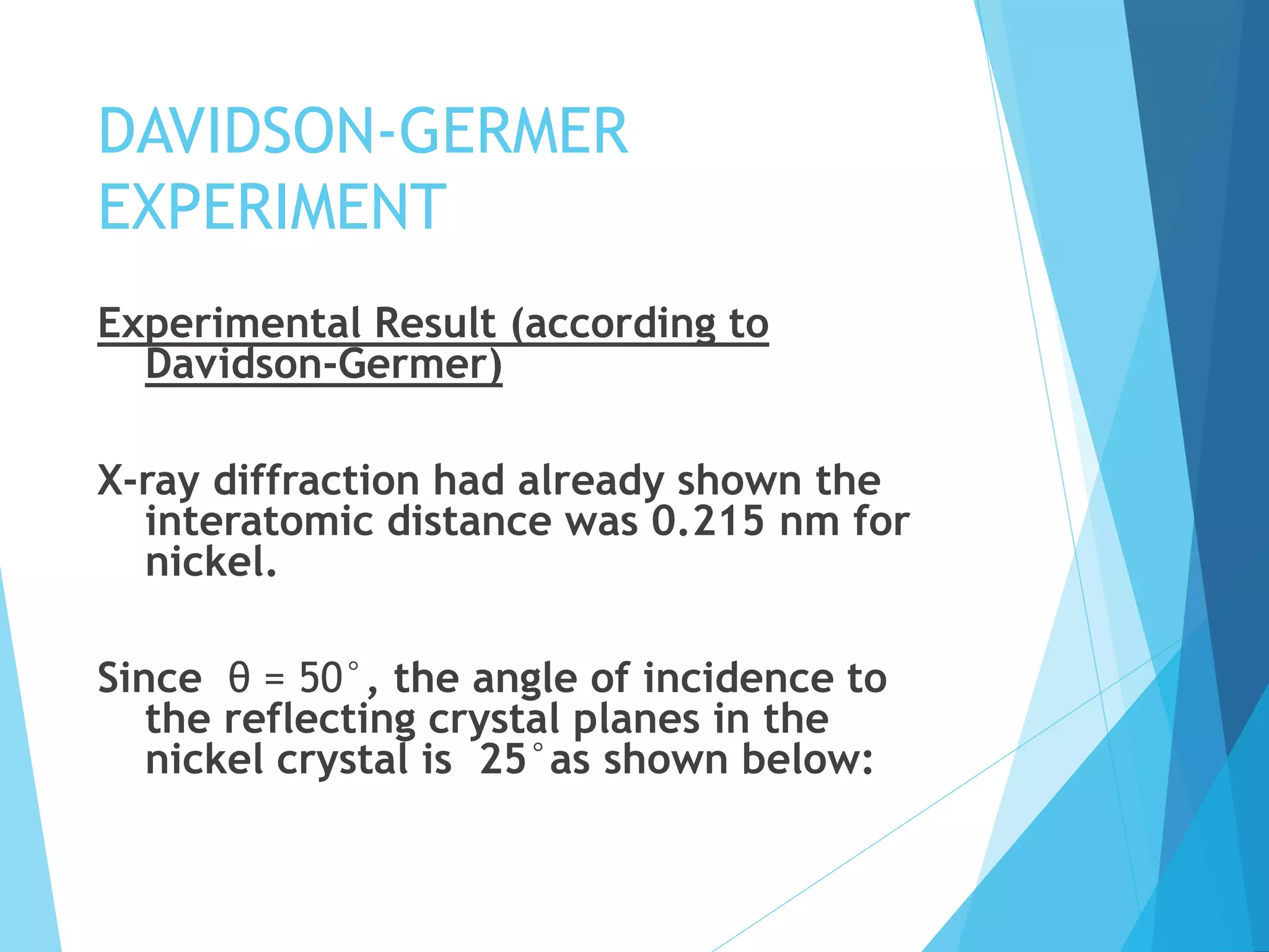 DAVIDSON-GERMER
EXPERIMENT
Experimental Result (according to
Davidson-Germer)
X-ray diffraction had already shown the
interatomic distance was 0.215 nm for
nickel.
Since θ = 50°, the angle of incidence to
the reflecting crystal planes in the
nickel crystal is 25°as shown below:
 