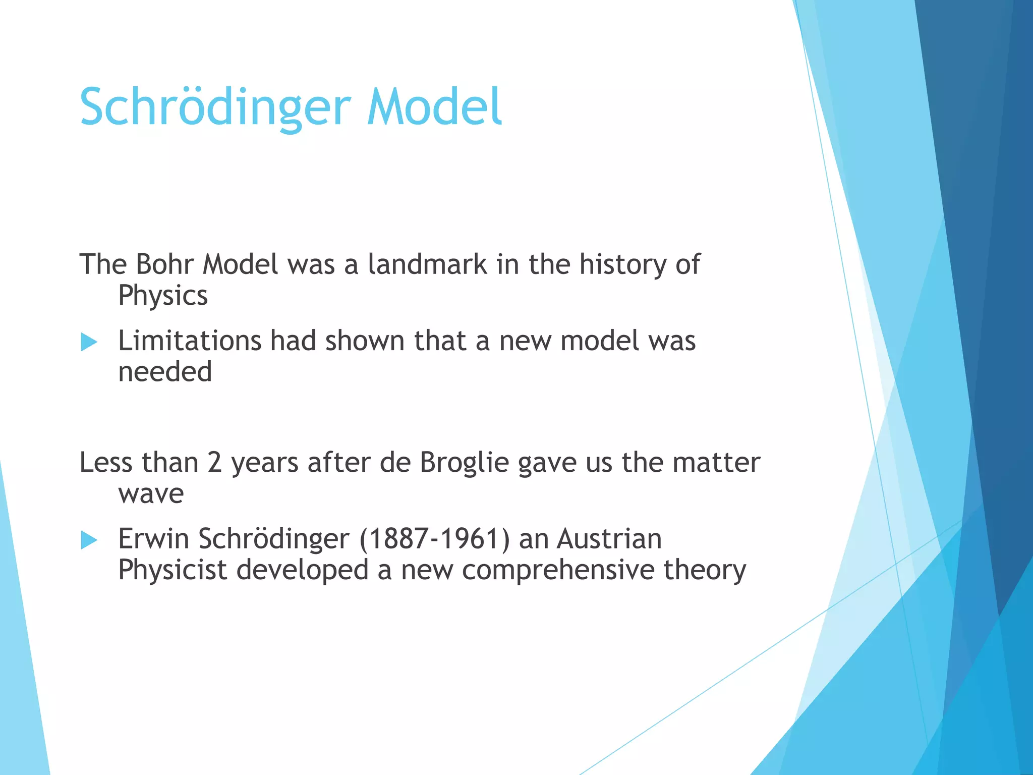 Schrödinger Model
The Bohr Model was a landmark in the history of
Physics
 Limitations had shown that a new model was
needed
Less than 2 years after de Broglie gave us the matter
wave
 Erwin Schrödinger (1887-1961) an Austrian
Physicist developed a new comprehensive theory
 