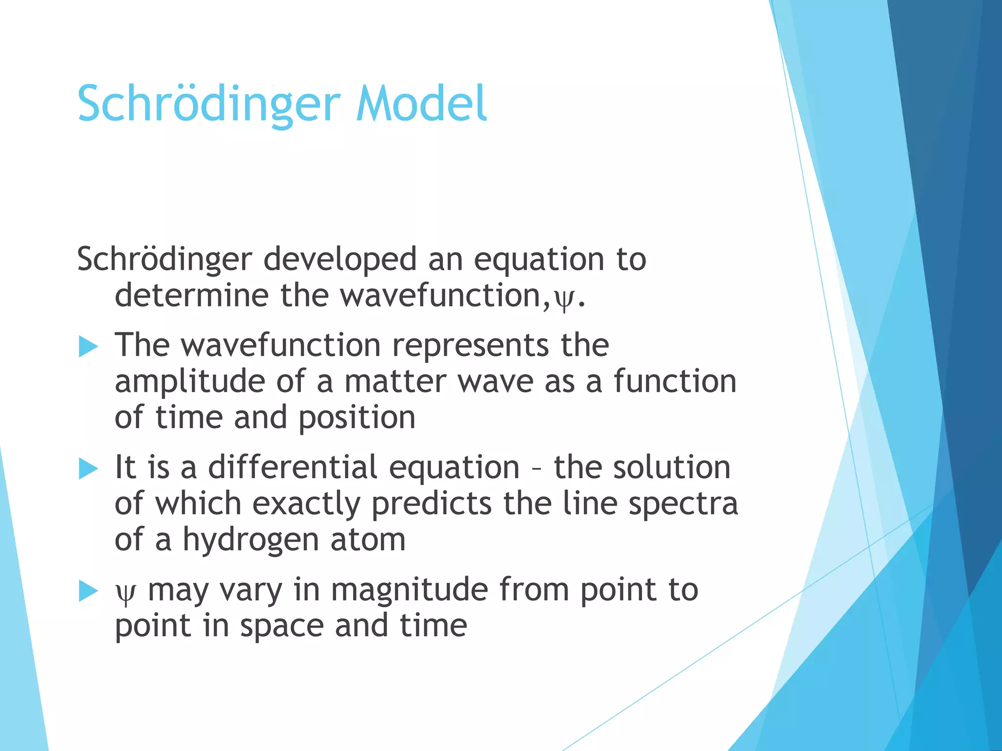 Schrödinger Model
Schrödinger developed an equation to
determine the wavefunction,.
 The wavefunction represents the
amplitude of a matter wave as a function
of time and position
 It is a differential equation – the solution
of which exactly predicts the line spectra
of a hydrogen atom
  may vary in magnitude from point to
point in space and time
 