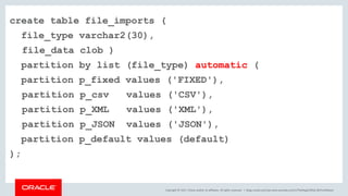 Copyright © 2017, Oracle and/or its affiliates. All rights reserved. |
create table file_imports (
file_type varchar2(30),
file_data clob )
partition by list (file_type) automatic (
partition p_fixed values ('FIXED'),
partition p_csv values ('CSV'),
partition p_XML values ('XML'),
partition p_JSON values ('JSON'),
partition p_default values (default)
);
blogs.oracle.com/sql www.youtube.com/c/TheMagicOfSQL @ChrisRSaxon
 