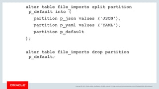 Copyright © 2017, Oracle and/or its affiliates. All rights reserved. |
alter table file_imports split partition
p_default into (
partition p_json values ('JSON'),
partition p_yaml values ('YAML'),
partition p_default
);
alter table file_imports drop partition
p_default;
blogs.oracle.com/sql www.youtube.com/c/TheMagicOfSQL @ChrisRSaxon
 