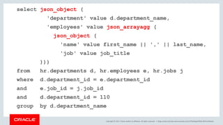 Copyright © 2017, Oracle and/or its affiliates. All rights reserved. |
select json_object (
'department' value d.department_name,
'employees' value json_arrayagg (
json_object (
'name' value first_name || ',' || last_name,
'job' value job_title
)))
from hr.departments d, hr.employees e, hr.jobs j
where d.department_id = e.department_id
and e.job_id = j.job_id
and d.department_id = 110
group by d.department_name
blogs.oracle.com/sql www.youtube.com/c/TheMagicOfSQL @ChrisRSaxon
 