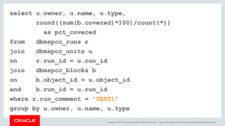 Copyright © 2017, Oracle and/or its affiliates. All rights reserved. |
select u.owner, u.name, u.type,
round((sum(b.covered)*100)/count(*))
as pct_covered
from dbmspcc_runs r
join dbmspcc_units u
on r.run_id = u.run_id
join dbmspcc_blocks b
on b.object_id = u.object_id
and b.run_id = u.run_id
where r.run_comment = 'TEST1'
group by u.owner, u.name, u.type
blogs.oracle.com/sql www.youtube.com/c/TheMagicOfSQL @ChrisRSaxon
 