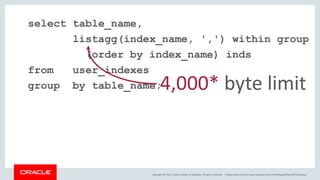 Copyright © 2017, Oracle and/or its affiliates. All rights reserved. |
select table_name,
listagg(index_name, ',') within group
(order by index_name) inds
from user_indexes
group by table_name;4,000* byte limit
blogs.oracle.com/sql www.youtube.com/c/TheMagicOfSQL @ChrisRSaxon
 