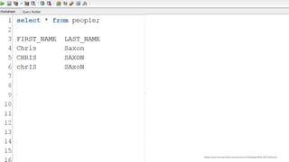 Copyright © 2017, Oracle and/or its affiliates. All rights reserved. |
select *
from people
where first_name = 'Chris'
and last_name = 'Saxon';
FIRST_NAME LAST_NAME
Chris Saxon
blogs.oracle.com/sql www.youtube.com/c/TheMagicOfSQL @ChrisRSaxon
 